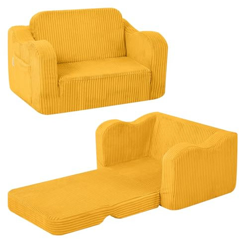 MeMoreCool Cord Kindersofa, Kinder Relaxsessel, Baby Lounge Sofa, Mini Couch für Kuschelecke Kinderzimmer, ausklappbare Couch für Jungen und Mädchen im Alter von 1–3 Jahren, Gelb