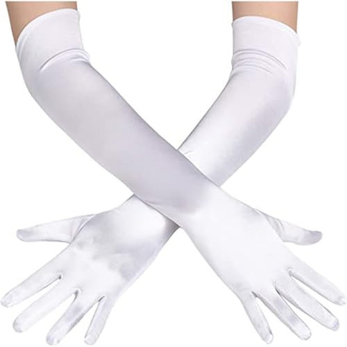 Jidyllic Satin Handschuhe Lang,1 Paar Handschuhe Lang Weiße Damen Satin Classic Abendhandschuhe für Halloweenkarneval Party Ball Opera Abschlussfeiern Hochzeiten