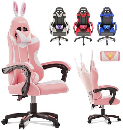 JUPPLIES Silla Gaming Profesional con Masajeador - Silla de Oficina Ergonómica sin Reposapiés, Altura Regulable y Respaldo Abatible - Silla Gamer para Juegos