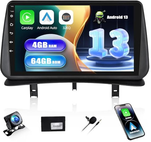 4+64G SIXWIN Android 13 Radio Coche para Renault Clio 3 2005-2014 con CarPlay&Android Auto,9 Pulgadas Pantalla Táctil con Bluetooth/WiFi/GPS/FM/RDS/USB 32EQ con Cámara Trasera