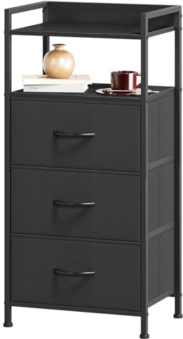 Somdot Kommode for Schlafzimmer, 3 Schubladen, offenes Regal, Schwarz | Schrank, Komodenschrank, Stoffschubladen, Wohnzimmer, Metallrahmen, Holzwerkstoffplatte, Zuggriffe, 29T x 38,7B x 77,6H