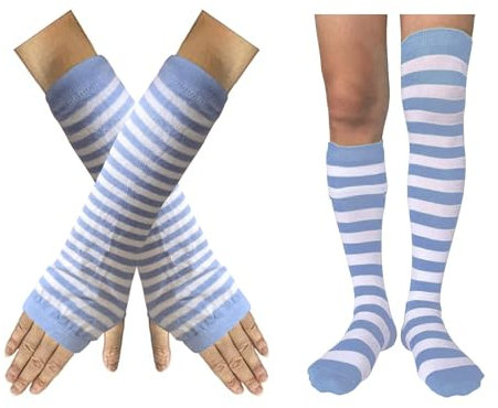 AUSUAYA Gestreifte Handschuhe, lang, fingerlos, gestrickte Armstulpen für den Winter, für Punk, Rock und Cosplay, Gothic, Halloween-Party, GB-WM-S-G5, Z1 – Weiß und Hellblau – Handschuhe + Strümpfe,