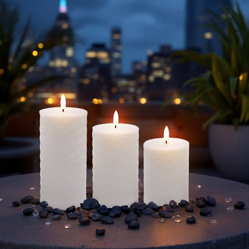Spetebo Outdoor LED Kerzen mit Timer und Flammen Effekt 15 cm 12 cm 10 cm - 3er Set - Künstliche Stumpenkerze warm weiß für Außen - Garten Tisch Deko Beleuchtung Gartenkerze Dekokerze Laternenkerze