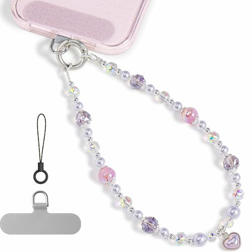abitku Phone Charm, Pearl Crystal Beaded Wrist Strap for Women, Hands-free, Drop-proof and Anti-theft, Detachable, with Tether Tab & Black Lanyard Strap