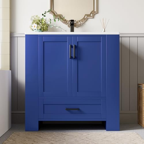 A ALFRESCOOL 76 x 46 x 78,5 cm Armario de baño de pie, tocador completamente lacado, estantes de doble puerta, cajones silenciosos, estantes en ambos lados, lavabo de cerámica integrado, azul
