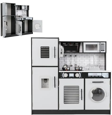 DREAMADE Spielküche Kinderküche Holz mit Zubehör, Holzküche Kinderspielküche mit Herd Ofen Wasserspender Waschmaschine Telefon, Kinder Küche mit Licht und Geräuschen für Kinder ab 3 Jahren (Schwarz)