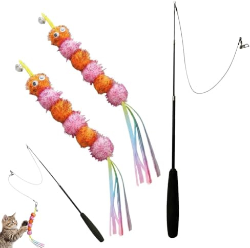 Katzenspielzeug Set 3 Stück,Katzenspielzeug Wurm Mit 2 Stk Katzenangel Anhänger Und Katzenangel Stabil,Cat Toys For Indoor Cats,Kitten Spielzeug,Spielangel Für Katzen