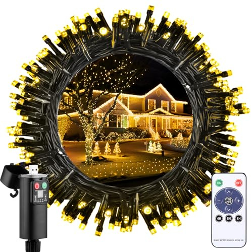 Luci Albero di Natale a Batteria 20M - USB Ricaricabile 200LED Bianco Caldo Luci Natale Catene Luminose Telecomando 8 Modalità Impermeabile per Giardino Balcone Festa Halloween Esterno e Interno