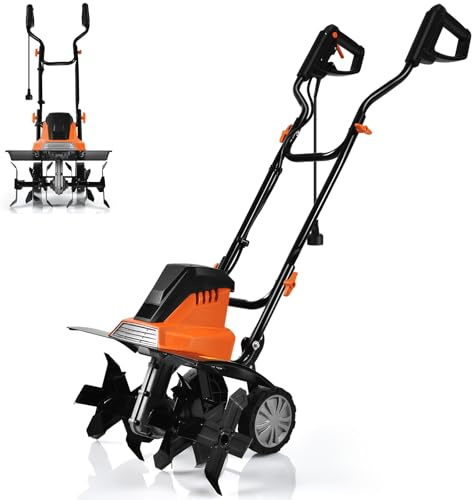 GiantexUK 1200W/1500W Electric Tiller, Lawn Soil Scarifier with 4/6 Blades, Adjustable Wheels & Foldable Handle, Lightweight Garden Cultivator Rotovator Rototiller (43cm Cutting Width, Orange+Black)