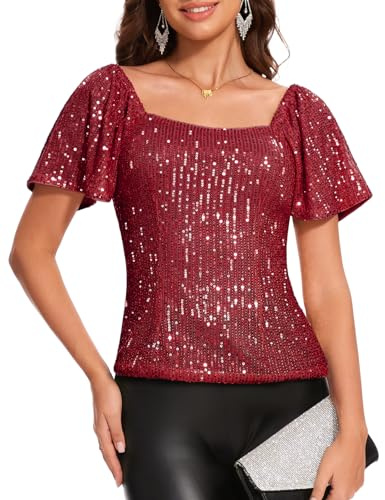 DRESSTELLS Women's Sparkly Tops Short Sleeve Glitter Square Neck Party Blouses for Wedding Guest Ruffle Shirts Burgundy L