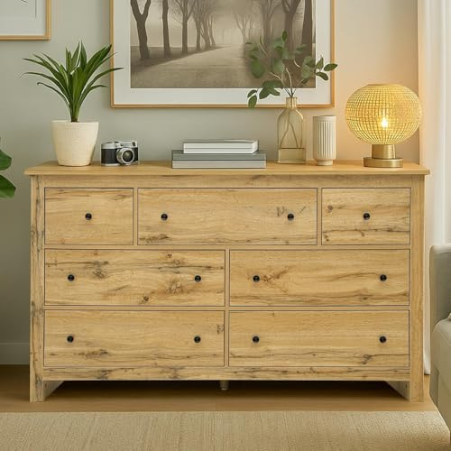 Kommode mit 7 Schubladen, Sideboard Holz, Verstellbarem Mittelfuß, Kommoden, Viel Stauraum, Komodenschrank, Wohnzimmerschrank, Sideboard für Schlafzimmer, Wohnzimmer, Küche, 152x40x89cm (Holzfarbe)