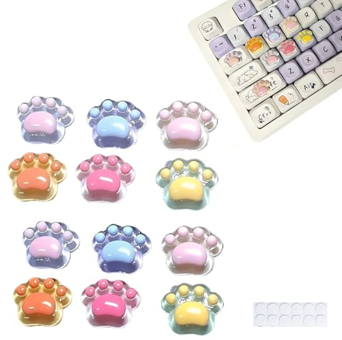 VEOIRXU 12 Stück CatPaw Tastatur Aufkleber Sticker 3D CatPaw Tastenkappen Oberflächen Schnelle Installation Geräuschloses Tippen Tastatur Aufkleber Sticker Für PC Laptop Notebook (6 Farben)