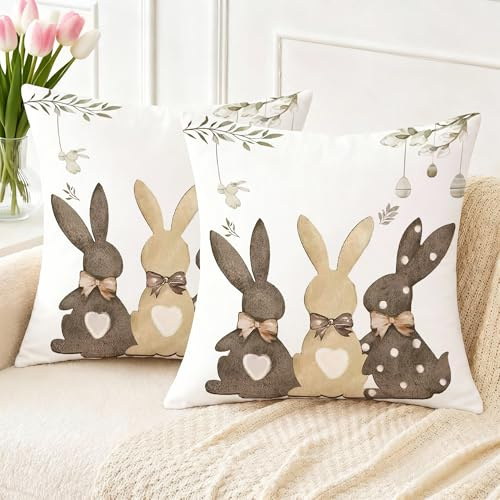 Arwllzz 2er Set Ostern Kissenbezug 40 x 40 Kaninchen Osterdeko Modern Kissenhülle Blumen Hase Frühling für Sofa Schlafzimmer Zuhause Garten Ostern Dekoration Garten Balkon Sofakissen