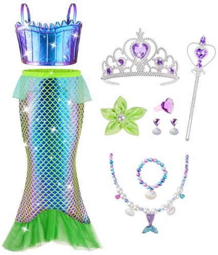 AOOWU Meerjungfrau Kostüm Mädchen, 10 Teiliges Set Meerjungfrau Kleid Mädchen mit Blütenblätter Brosche, Halsketten Armbänder Ohrringe Ringe, Kostüm Kinder für Karneval Party Halloween Weihnachten