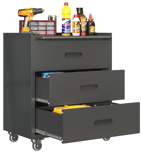 Armadio Portautensili in Metallo con Ruote, Mobile da Officina con 3 Cassetti Scorrevoli e Struttura Robusta, Cassettiera Porta Attrezzi su Ruote, Nero, 75.01 x 42 x 88.01 cm