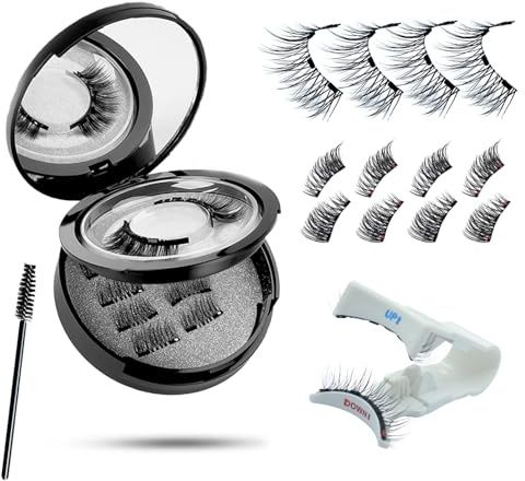 Faux Cils Magnétiques Noirs Set – 3 Paires (Voll & 3/4 Demi-Cils), Effet Naturel, 4 Aimants Renforcés, Sans Colle, avec Applicateur et Boîtier Miroir