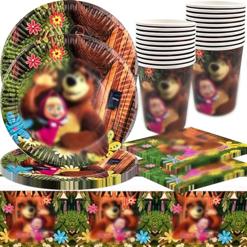 Mascha und der Bär Partygeschirr Set, 41PCS Mascha und der Bär Besteck,Geburtstag Geschirr Set mit Teller, Becher, Servietten,Besteck Sets für Geburtstagsgeschenk-wiederverwendbar