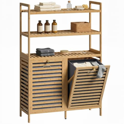 HOMCOM Mobile Portabiancheria da Bagno Bambù 2x38.7L 80x30x118 cm Rovere
