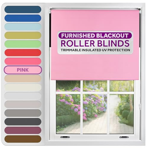 FURNISHED Roller Blinds Window Blackout, Pink, 150cm Wide x 210cm Long | Thermal 100% blackout trimmable insulated UV protection child safe easy fit home office window blinds