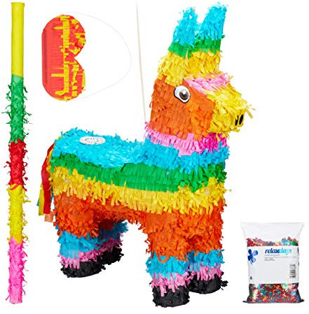 Relaxdays 4 TLG. Pinata Set Lama, XXL Konfetti Sack, Pinatastab mit Augenmaske, Geburtstagspinata Esel, Stock & Augenbinde, bunt