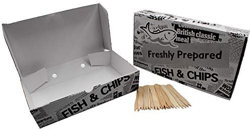 West5Products 10x Small Fish and Chip Meal Boxes Newsprint Design w/Chip Shop Forks (for Food Use)