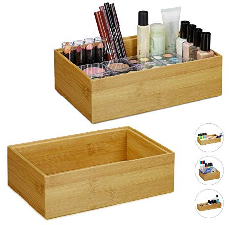 Relaxdays 2 x Ordnungsbox Bambus, stapelbar, natürliche Optik, Aufbewahrungsbox Küche, Bad, Dekobox HxBxT: 7 x 23 x 15 cm, Natur