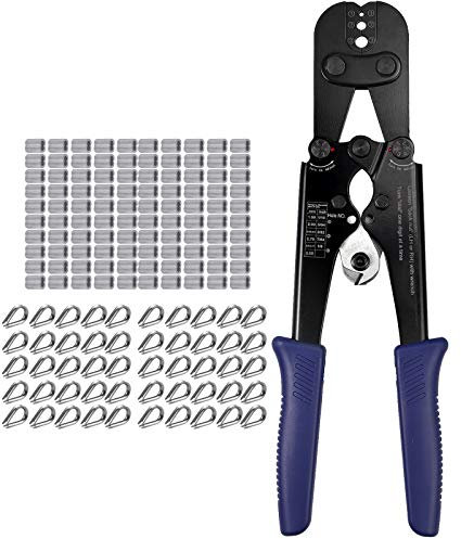 CAMWAY 2-in-1 Drahtseil-Crimper und Schneider – Crimpen von Drahtseil von 1/16 bis 1/8 Zoll, Cutter 5/32 Zoll, mit 100 Stück Aluminium-Crimpschlaufenhülsen und M3