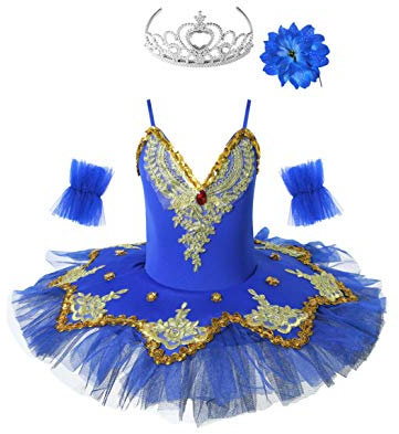 TiaoBug Mädchen Ballettkleidung 3tlg.Set Ballettkleid+Handschuhe+Haarband Kinder Ballettanzug Ballett Trikot Tanz Kostüm Tütü Kleid 104 110 116 122 128 140 152 Dunkelblau mit Krone 140-152