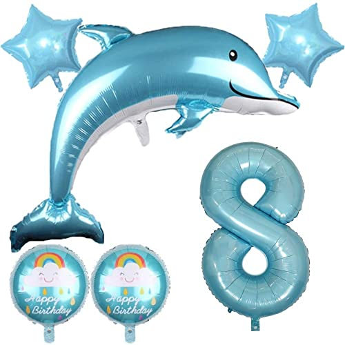 DIWULI, großes Delfin Luftballon Set, XXL Zahl 8 Zahlen-Ballon blau, Muschel Folien-Ballons Happy Birthday, 8. Kinder-Geburtstag Mädchen, Motto-Party, Dekoration, Meer, Meerestier, Folien-Luftballon
