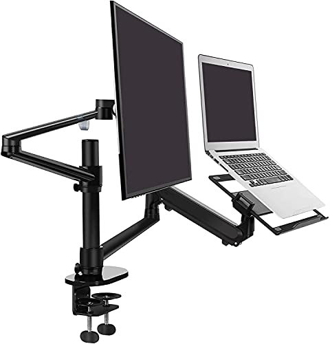 Thingy Club Dual Arm Laptop and Monitor Stand- Single Adjustable Gas Spring laptop Arm/Single Monitor Desk Mount Fits 17 to 27 inch(Black)