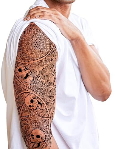 Tatodays temporäres tattoo mit ganzarm-schädeln, gothic, zum aufkleben, körperkunst-transfer für frauen und männer, cosplay, halloween, erwachsene, fake-temp-tattoo, halloween-kostümparty