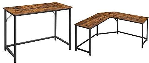 VASAGLE Schreibtisch, 2er Set schmaler Computertisch, L-förmiger Bürotisch, Arbeitszimmer, Homeoffice, Büro, einfacher Aufbau, Metall, Industrie-Design, vintagebraun-schwarz LOD013B01