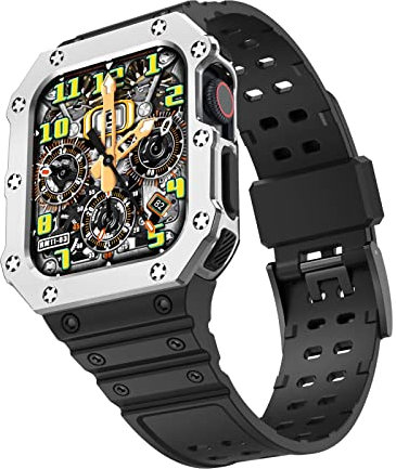 VeveXiao Compatible avec Apple Watch Band avec étui Series 7 (45mm, 41mm) et Series 6/SE/5/4 (44mm, 40mm), étui de protection robuste avec bracelets pour iWatch 7 Mens Womens Strap black silver