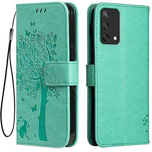 Topme Custodia in Pelle per OPPO A74 (4G) (6.43 Inches), [ Cover per Telefono in Stile Gatto e Albero] - Verde