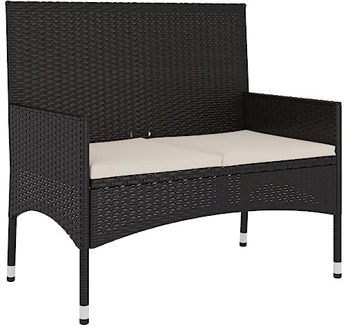 vidaXL Gartenbank, Sitzbank 2-Sitzer mit Kissen, Bank mit Armlehnen Rückenlehne, Parkbank Gartenmöbel Stahlrahmen, Schwarz Poly Rattan