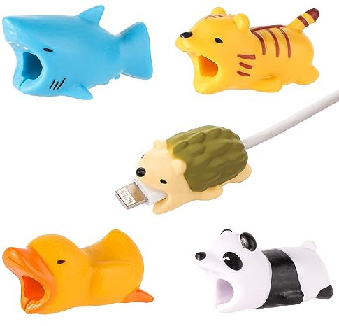 NQEUEPN 5pcs Cable Protector Animals Bite, Cute Charging Cable Saver Chewers Phone Cable Buddies Panda Shark Tiger Duck Hedgehog Charger Data Cover Cable Sleeves for iphone Most Cellphones and iPad