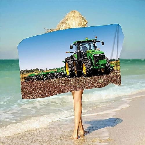 Grüner Traktor Strandtuch – 90 X 180 cm, 3D Drucken Pool Badetuch Für Kinder, 100% Polyester Frottee Weich Hautfreundlich Saugfähig Reisedusche Schwimmen Camping Handtuch
