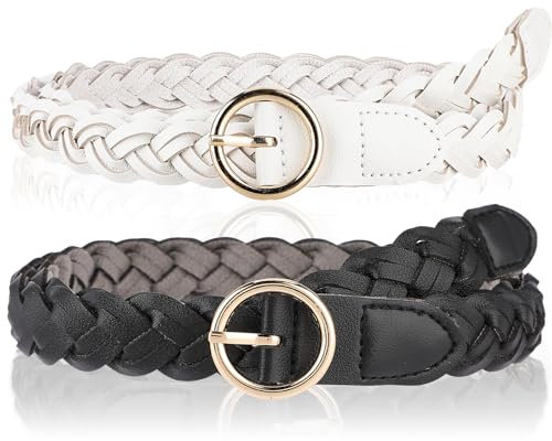 Amaxiu 2 Stück Damen Gürtel aus geflochtenem PU Leder, schmaler gewebter Gürtel für Damen O Ring Schnalle Taillengürtel für Kleid Jeans Rock Hose(schwarz+weiß)