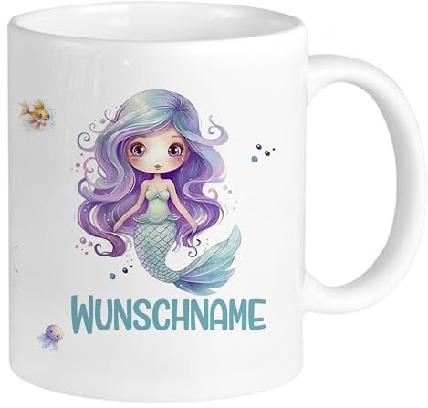 GRAZDesign Tasse Meerjungfrau mit Namen personalisiert, Becher für Mädchen in türkis als Geschenk, Keramik 330ml