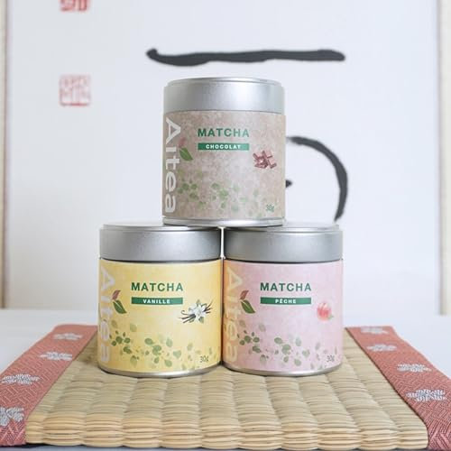 Matcha vanille,chocolat,pêche - Matcha aromatisé Kyōto Uji - Aitea (Pack Neji (1x vanille, 1x chocolat, 1x pêche))