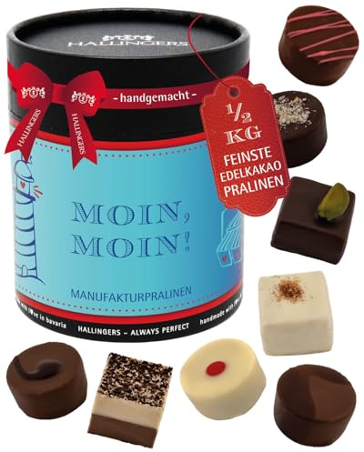 Hallingers Genuss Manufaktur Pralinen Geschenk - ohne Alkohol, handmade aus Confiserie-Edelkakao in wertiger XXL-Geschenkdose Moin Moin, Geschenkidee für Frauen Männer
