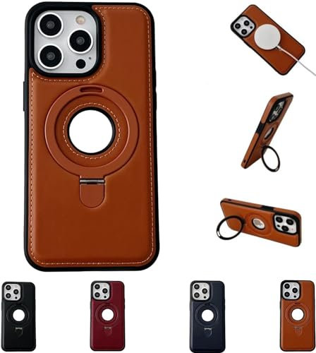AUWIRUG Luxurious Leather Invisible Stand for iPhone Case, Luxurious Faux Magnetic Leaky Label Phone Case, Leather Magnet Stand Phone Case for iPhone 15/14/13/12 Pro Max Plus (15 Pro Max,Light Brown)