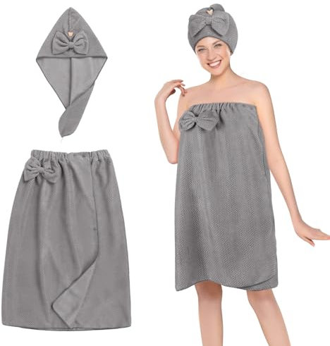 Oemmn 2 kilt da sauna Roma per donna con cuffia da doccia, in spugna di alta qualità, vestibilità ideale per un'esperienza di sauna antiscivolo, soffice e morbido (grigio scuro)