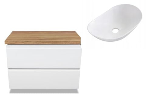 VBChome Badezimmerschrank 80x45 cm mit Waschbecken 60x35 cm Weiß Unterschränke Wandschrank Waschbeckenunterschrank Hängeschränke mit Arbeitsplatte 2 Schubladen Gefräste Griffe