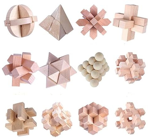 Coriver Knobelspiele Holz, 12 Stück 3D Puzzle Holz Brainteaser Set, Holzspielzeug IQ Brain Teaser Puzzle Mini Knobelspiel, Logikspiel Intelligenz Geduldspiele für 3+ Kinder Erwachsene