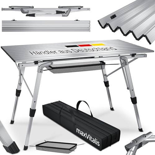 ELONEO maxVitalis Campingtisch klappbar, Aluminium Camping Tisch, Klapptisch faltbar, Outdoor Falttisch höhenverstellbar, inkl. praktischer Tragetasche bis 30 kg (Silber)