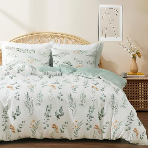 Sacebeleu Bettwäsche 200x220 cm Grün Weiß Blätter Blumen Muster Pflanzen Wende Bettwäsche Set Bunt Microfaser Bettbezug mit Reißverschluss und 2 Kissenbezug 80x80 cm