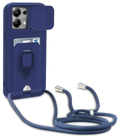 yanasuo Protección de Cámara Funda Compatible con Xiaomi Redmi Note 13 Pro 4G/Poco M6 Pro 4G, con Anillo Soporte, Ajustable Collar Correa de Cuello Cordón Carcasa de Silicona-Azul