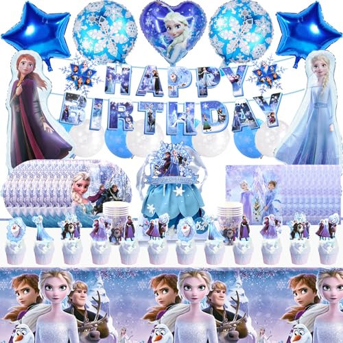 Snow Birthday Party Decorations, 83 PCS Dreamly Birthday Party Supplies Set Include Birthday Banner, Balloons, Cake Toppers, Cupcake Toppers, Tablecloth, Cups, Plates and Napkins