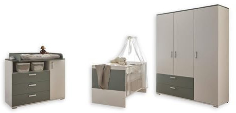 Stella Trading MITOS Babyzimmer Komplett-Set in Weiß/Salbei - Babyzimmer Möbel-Set 3-teilig bestehend aus Kleiderschrank, Babybett & Wickelkommode